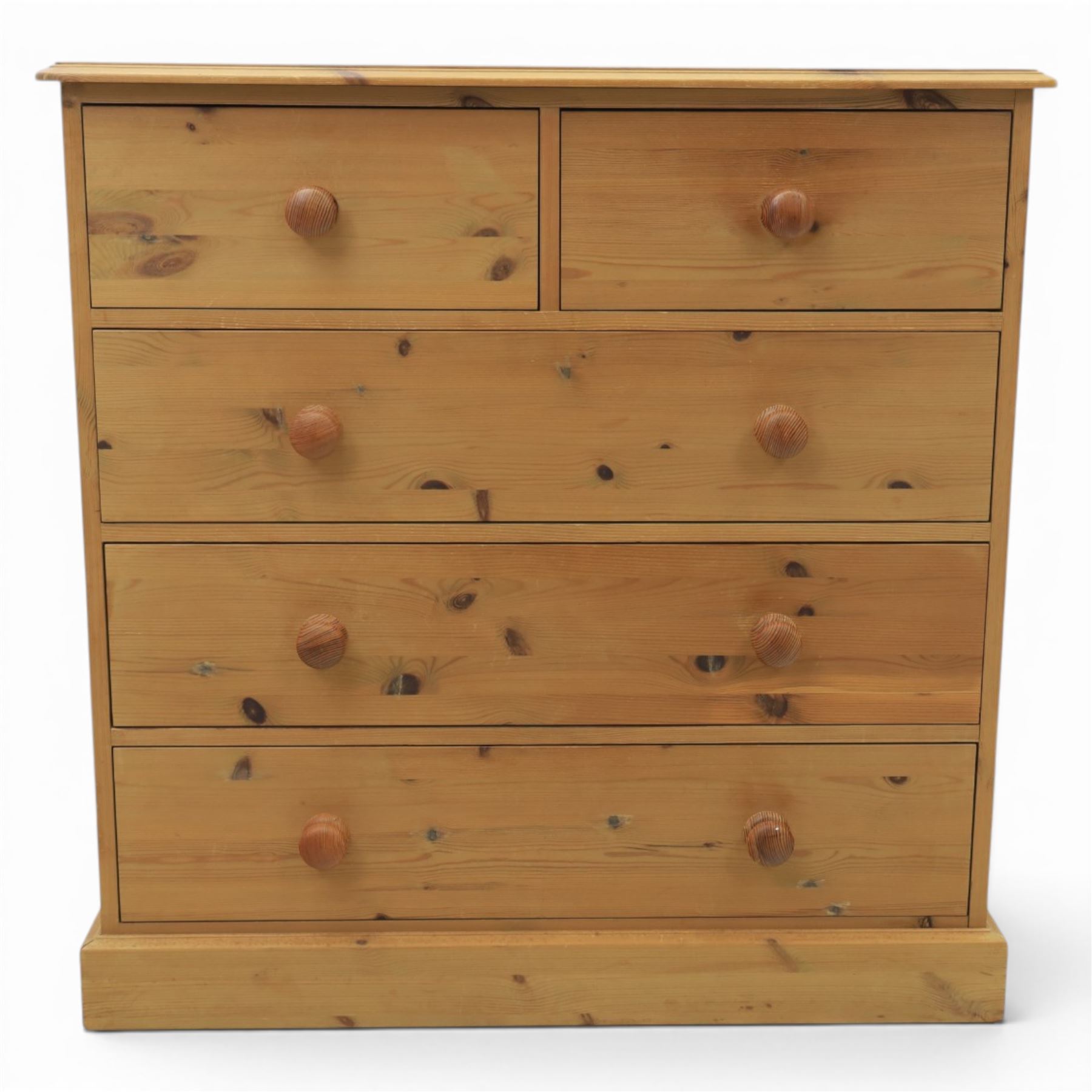 Solid pine chest, fitted with two short and three long drawers