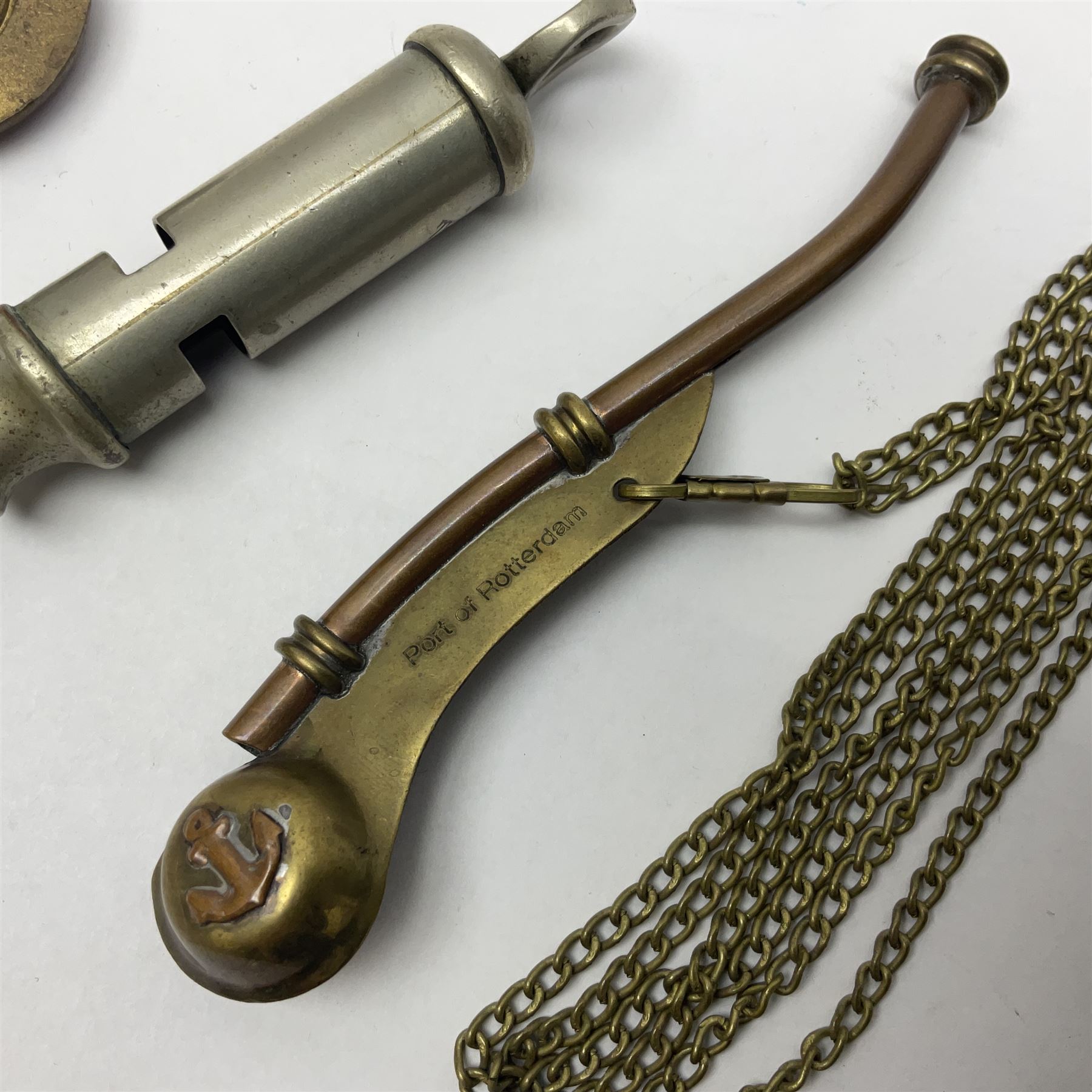 Bosun's whistle, together with Hull City Police whistle and brass and enamel badge detailed 'Special Constable Kingston Upon Hull 1914', (3)