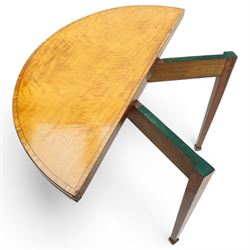 George III satinwood demi-lune tea table, fold-over top over double-gate leg action base, the central frieze rails and support headers inlaid with floral marquetry panels, on square tapering supports and block feet 