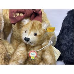 Seven modern Steiff teddy bears comprising two limited edition '1908 Paul the Growler' bears Nos.1124/3000 and 1310/3000; 028649 Classic Teddybear 23; 005992 Classic Teddybear 28 (black); 071249 Mungo Meerkat 30; 079139 Reclining dog for American Kennel Club; and 029561 Petsy gespitzt (1928) 16cm; together with a Mrs. McCatty's limited edition 2156 Sophie bear No.1557/1750; all unboxed but most with labels (8)