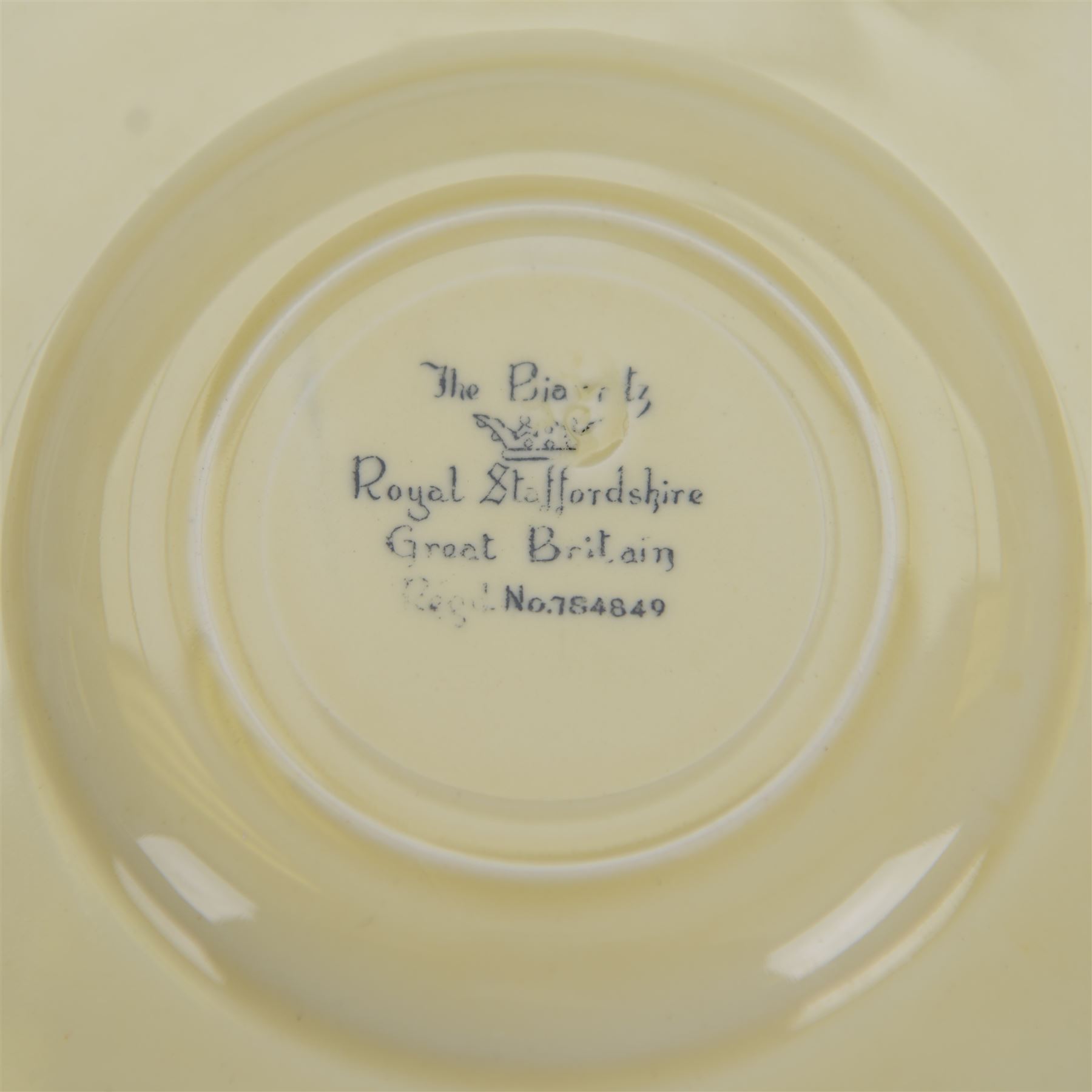 Clarice Cliff Biarritz sandwich set, comprising a rectangular platter and six side plates, all in the Brookfields pattern, the platter with printed Clarice Cliff Newport Pottery and The Biarritz Royal Staffordshire mark beneath, platter H23cm, W19.5cm
