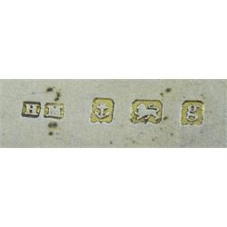 George III silver heart shaped caddy spoon, makers mark IT, Birmingham 1812, gold diamond stick pin, silver cigarette case by Henry Matthews, Birmingham 1906, three silver thimbles and a silver table spoon Fiddle pattern  by John Stone, Exeter 1842