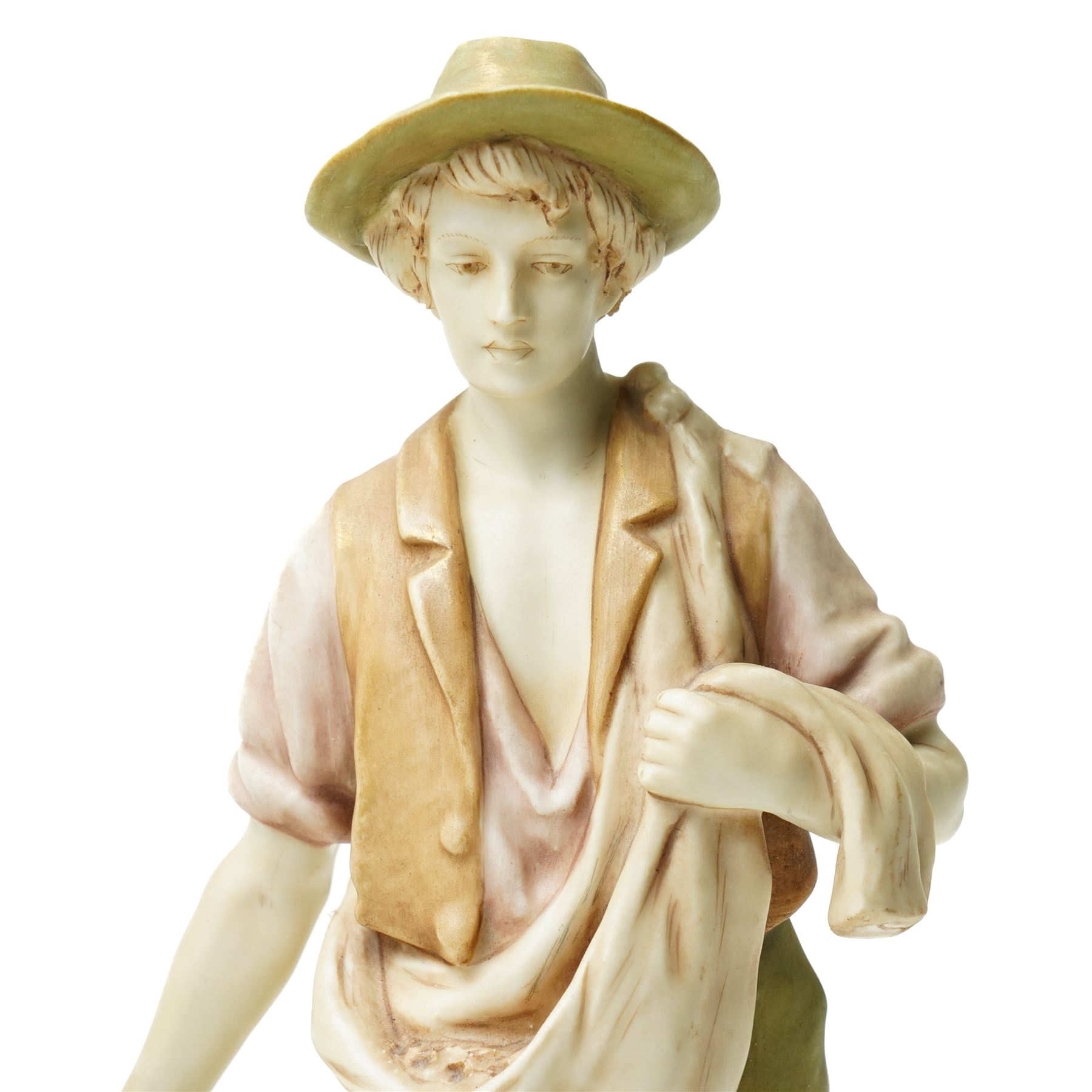 Pair of Royal Dux figures of agricultural workers modelled by Alois Hampel, one holding a scythe, the other sewing wheat model numbers 1457 and 1458 H32cm 