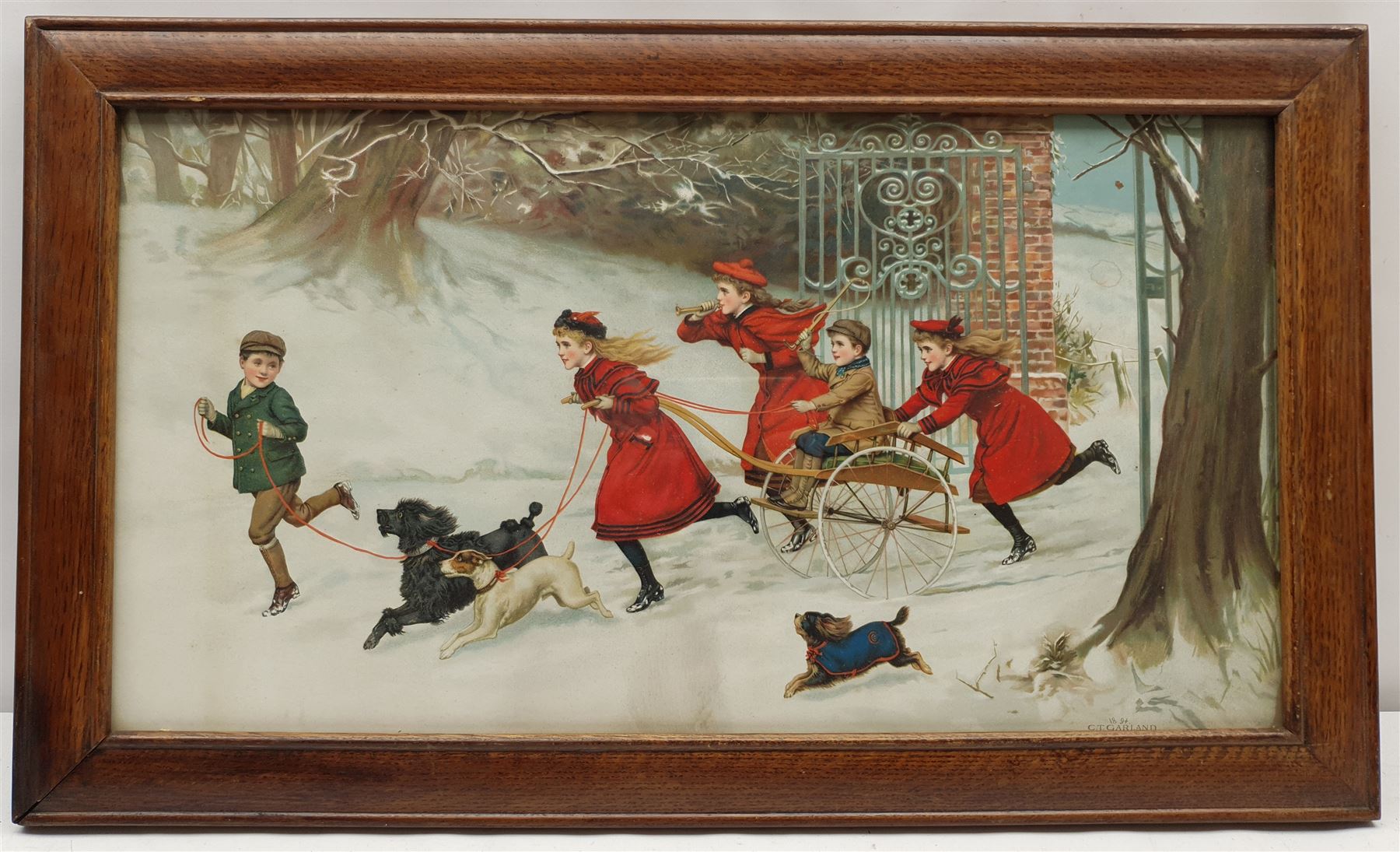 After Charles Trevor Garland (British 1855-1906): Playing with a Cart in the Snow, Edwardian chromolithograph 32cm x 60cm