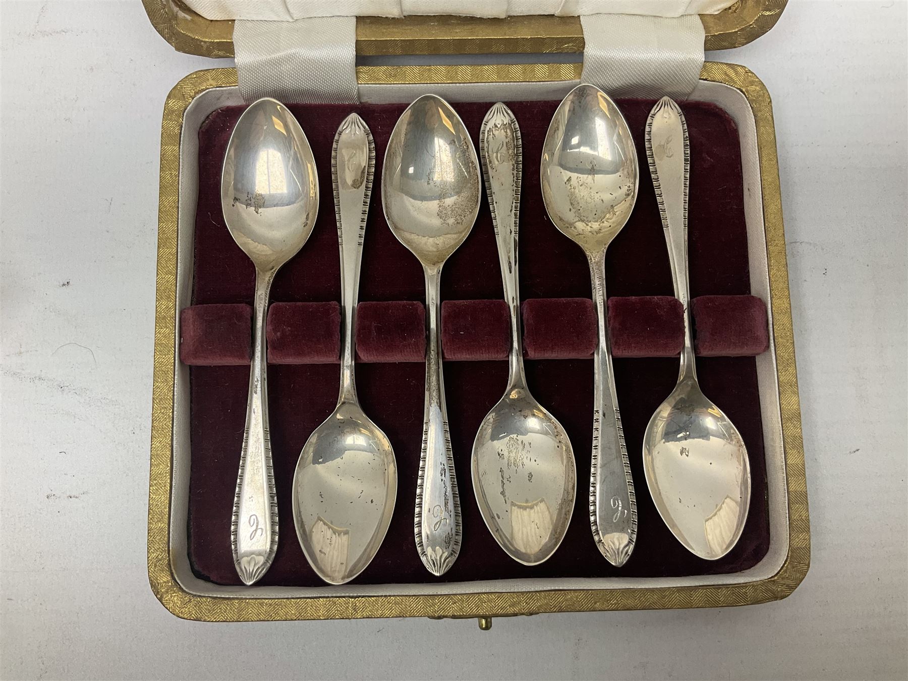 Cased set of six mid 20th century silver coffee spoons, hallmarked Sheffield 1954 and 1956, approximate silver weight 79.6 grams