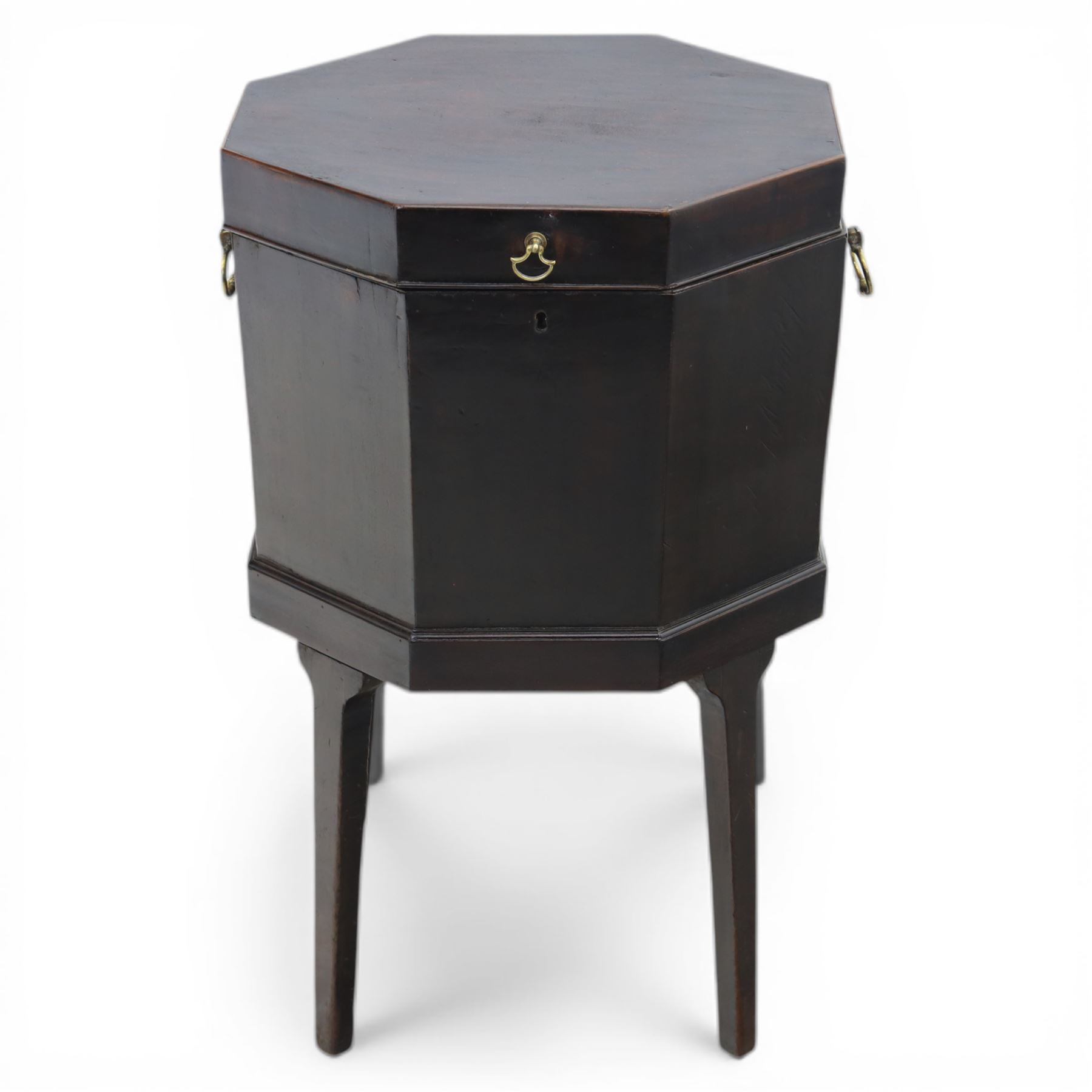 George III mahogany cellarette, of octagonal form with hinged top, brass handles and hinges, raised upon tapering supports