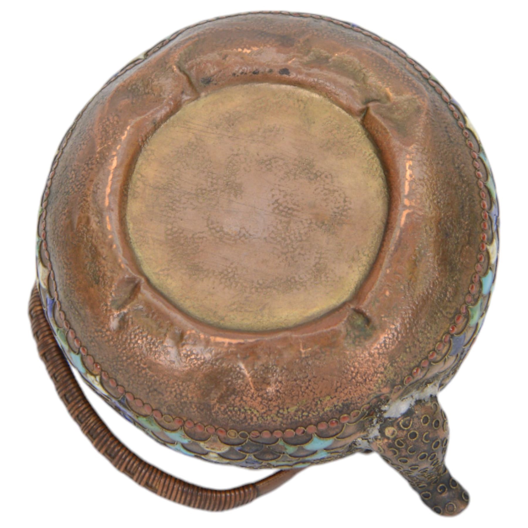 Champleve enamel teapot, with pierced finial, green enamel interior and woven handle, H10cm