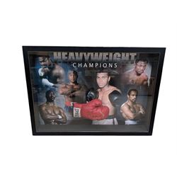 Signed boxing glove display, signed by Mohammed Ali, Holmes, George Foreman, etc, with cer...