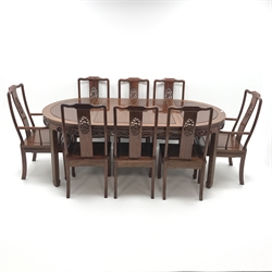  Chinese hardwood extending dining table with two leaves, pierced apron, square tapering supports on spade feet (W203cm, H78cm, D112cm) and set eight (6+2) matching dining chairs, pierced splat, solid seat, square tapering supports on spade feet (W56cm)  