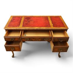 Early 20th century Queen Anne design figure walnut desk, triple inset leather writing surface, fitted with five drawers