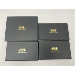 Four Queen Elizabeth II Alderney silver proof five pound coin covers, comprising 2021 'Gothic', 2022 'Platinum Jubilee', 2022 'Royal National Lifeboat Institution' and 2022 'Royal National Lifeboat Institution Hand Painted', all in Harrington and Byrne folders
