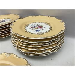 Victorian part dessert service, including eighteen plates, four small serving dishes, shallow dish, etc hand painted with floral sprigs within a cream border with floral panels, and heightened in gilt (26cm)