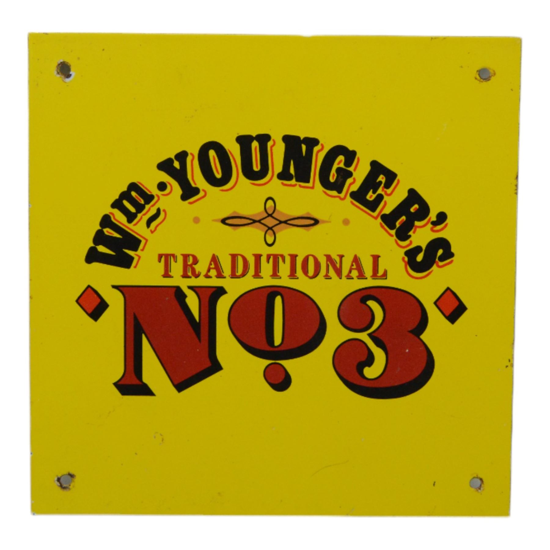 Wm Younger's No. 3 wooden advertising plaque, together with metal advertising sign and a framed poster 