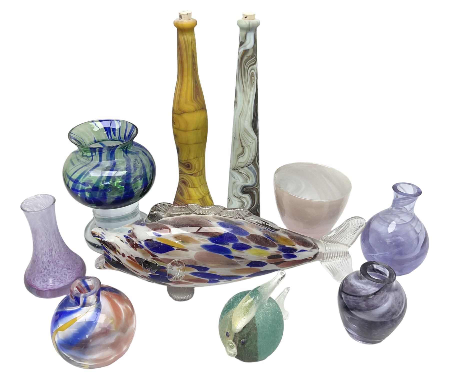 Bjorn Ramel Sea of Sweden Glasbruk art glass footed candle holder, together with a Murano fish, various other art glass vases, stylised green fish, etc, tallest H29cm