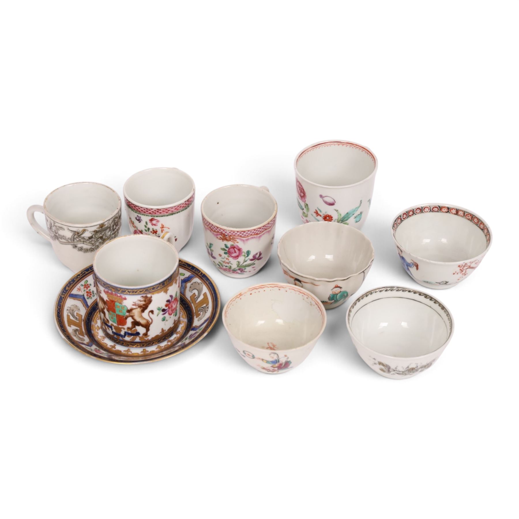 18th century Chinese export grisaille cup, decorated with Juno, the Roman Goddess of marriage together with another grisaille tea bowl and other tea bowls and cups