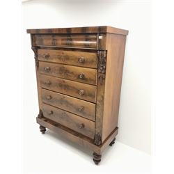 Large Victorian mahogany Scotch chest, single frieze drawer above six graduating drawers, turned supports, W125cm, H169cm, D57cm