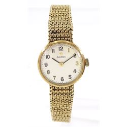 Omega ladies 9ct gold manual wind wristwatch, silvered dial with Arabic hour markers, back...