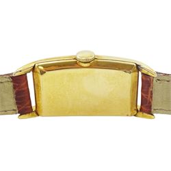 Hamilton gentleman's 14K gold filled manual wind wristwatch, circa 1940's, Cal. 980, silvered rectangular dial, with subsidiary seconds dial and Arabic hour markers, on brown leather strap