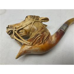 Silver mounted carved meerschaum pipe in the form of a horse, with silver collar hallmarked Ben Wade, Chester 1907, in original leather case 