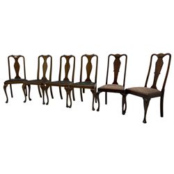 Matched set of fourteen early 20th century mahogany dining chairs, shaped cresting rail over shaped splat, upholstered drop-in seat, on cabriole front supports 