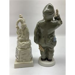 Royal Dux figure of a saluting soldier and Willow Art Crested ware Hull soldiers war memorial c1903 late South African war, tallest H19cm