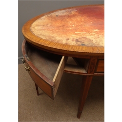  19th century Sheraton Revival satinwood oval rent centre table, leather inset chequer and cross banded top outlined with satinwood stringing, frieze with two pull and four hinged corner crossbanded drawers on six slender tapering supports, with amboyna ovals, W138cm, H79cm, D91cm: Provenance: West Heslerton Hall  