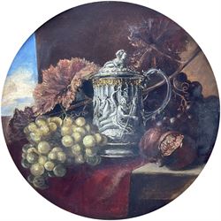 English School (19th century): Still Life of Fruit and a Tankard, circular oil on canvas unsigned dia. 42cm in ornate swept gilt frame