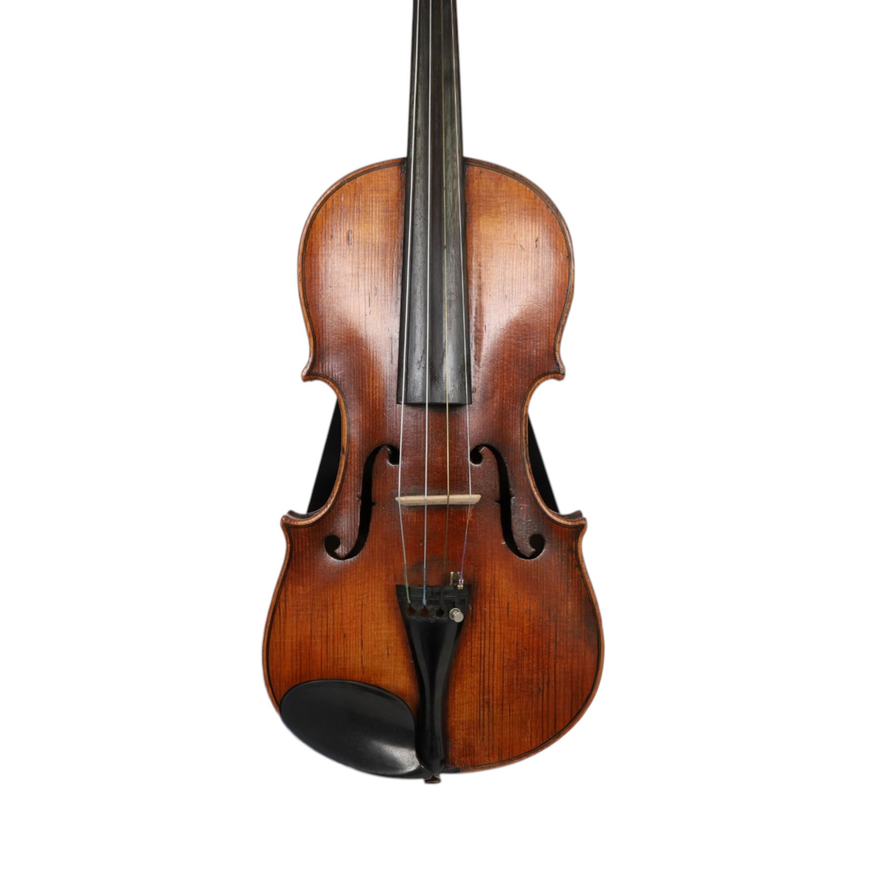 19th century violin, bearing indistinct label to interior, with single piece back, with bow contained within fitted case, violin L60cm