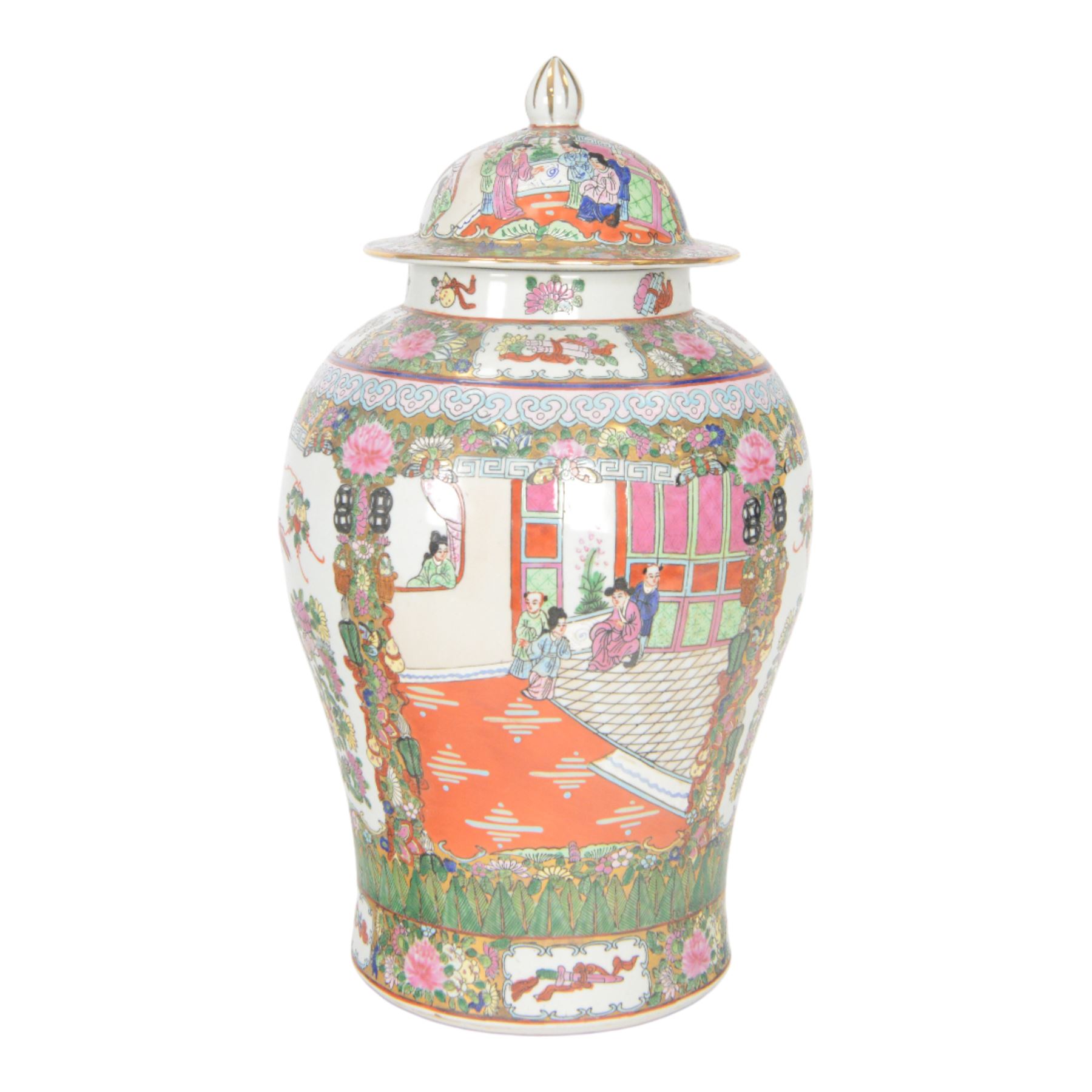 Chinese Canton famille rose vase and cover, of baluster form decorated with figural and floral scenes, within a gilt border, H50cm 