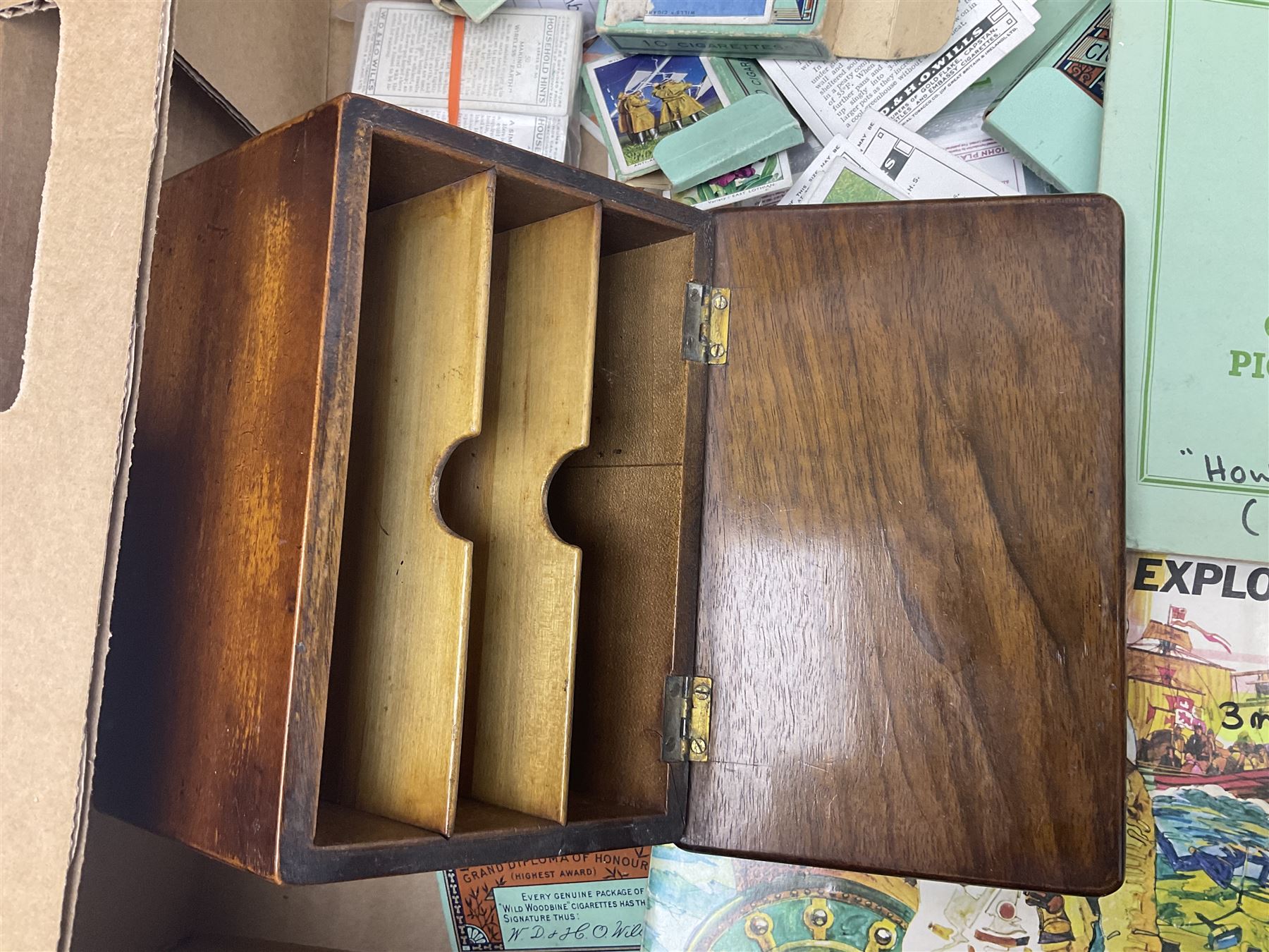 Floral tapestry in a mahogany frame, large collection of cigarette cards, framed tapestry, small microscope and a wooden correspondence box, frame H66cm