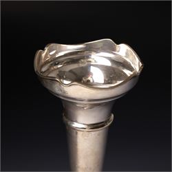 Pair of silver trumpet shape vases with pierced rims H18cm Sheffield 1910 Maker James Deakin & Sons and one other vase H21cm Birmingham 1967