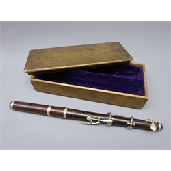  Rosewood two-piece six-key piccolo/fife with nickel mounts, inscribed 'First Class Hawkes & Son Denman Street Piccadilly Circus London 4465' L31cm, in later scratch built case  