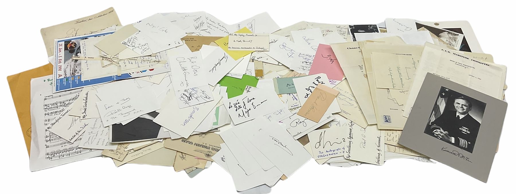 Collection of over 600 autographs on cards, clipped pieces, letters etc including William Gladstone, Lord North, Randolph Churchill, Hugh Dalton, Philip Noel-Baker, Philip Burne-Jones, Tiger Woods, Ben Hogan, Cindy Crawford, Viv Nicholson, Roddy Doyle, Diana Cooper, Woody Allen, Roy Orbison, Mary Wilson, Sammy Davis Jr., Clive Brook, Roger Quilter, Chay Blyth, Chris Bonington, John Lodge, Trevor Bayliss, Penelope Wilton, Tom O'Connor, Charles Aznavour, Alan Tichmarsh, Michael Ball, Thelma Barlow, Jack Brymer, Paul Badura-Skoda, John Lill, John Conteh, Charlotte Knollys, Arthur Godfrey, Eric Sykes, Queen Noor of Jordan, Victoria Gledenning, Madeleine Albright etc