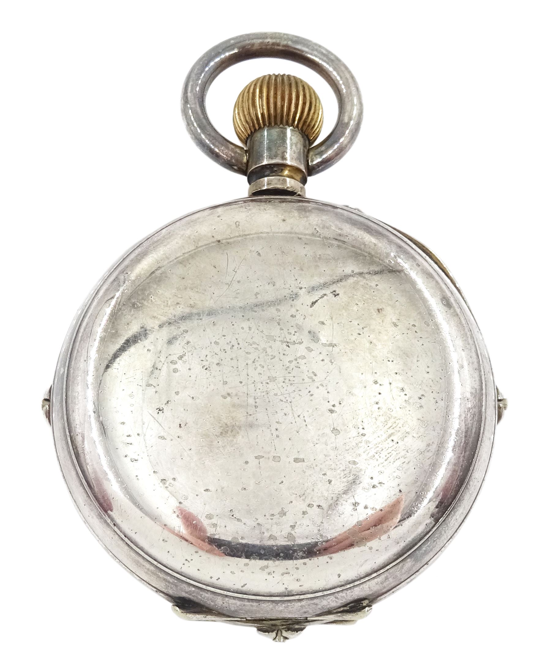 Early 20th century nickle cased goliath moonphase lever pocket watch, white enamel dial with Roman numerals three subsidiary calendar dials and a seconds moonphase dial