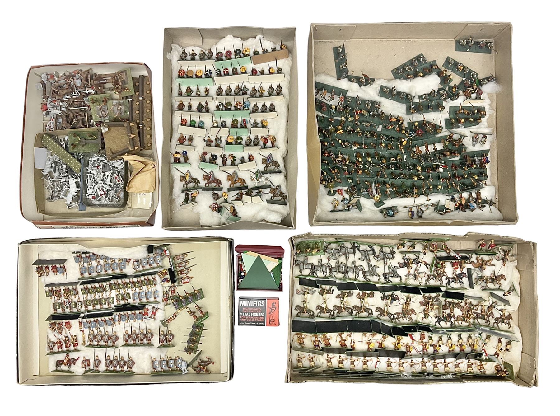 Painted metal wargame figures - over four hundred including Normans and Saxons, Romans, British Tribes etc; together with a quantity of part-painted and unpainted figures, battlefield weapons and accessories etc; average size 25mm