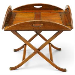 Georgian design mahogany butlers tray on stand, hinged tray-top with pieced handles over f...