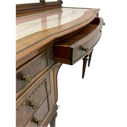Early 20th century French walnut dressing table, triple mirror back, inset glass top with embroidered panel