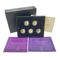 Queen Elizabeth II Isle of Man 2022 'Platinum Jubilee The National Anthem Gold Proof 50p Set' comprising five gold proof fifty pence coins with selective platinum plate, cased with certificate