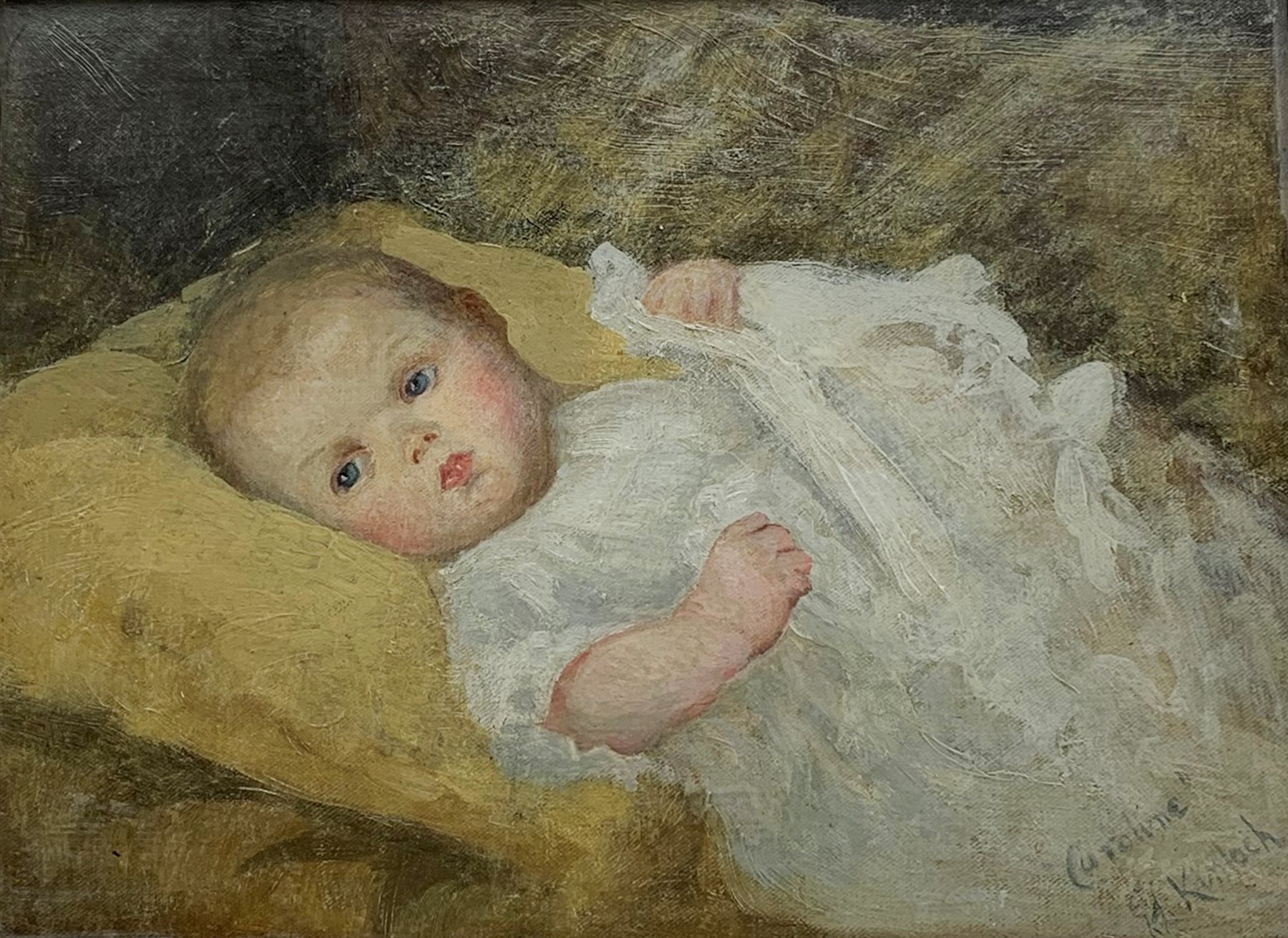 E L Kinloch (American 1860-1923): 'Caroline' - Portrait of a Baby, oil on board signed and titled 29cm x 39cm