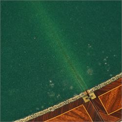 Early 20th-century Louis XV-style kingwood and tulipwood marquetry card table, shaped rectangular hinged top revealing baize-lined interior, with quarter-veneered parquetry within crossbanded borders and mounted with a gilt bronze edge, above a serpentine frieze,  raised on cabriole legs with gilt bronze foliate mounts and sabots 