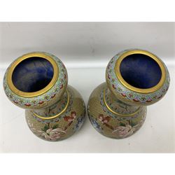 Pair of Chinese cloisonne baluster vases, decorated with decorated with butterflies, flowers, together with a cloisonné bowl decorated with five clawed dragons and the flaming pearls 