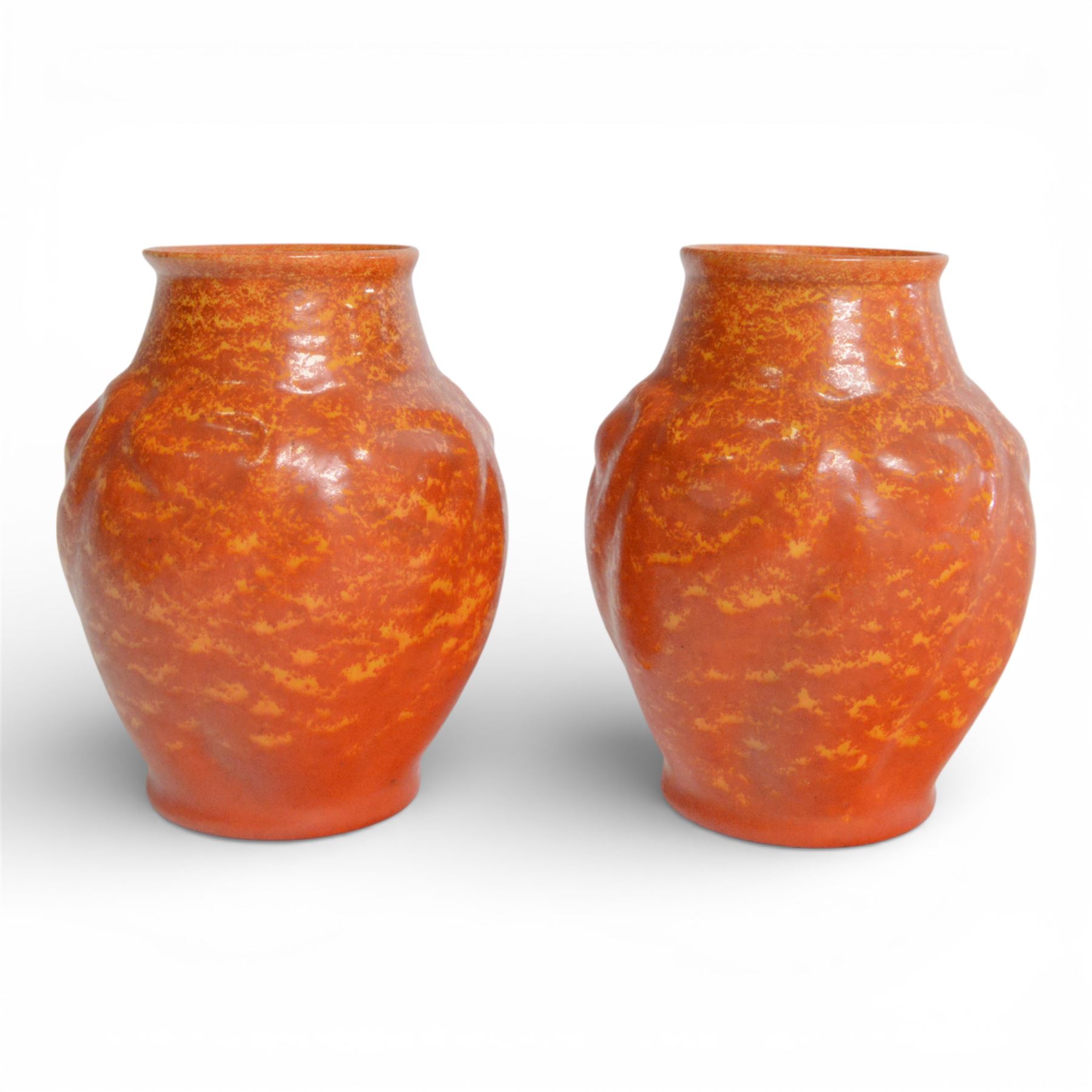 Pair of Pilkingtons  mottled orange vases, of baluster form, with impressed mark beneath, H18cm