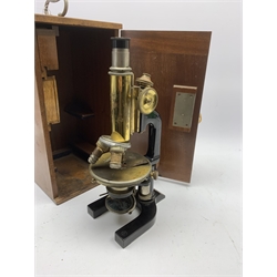  Reichert Wien Late 19th century brass and black japanned monocular microscope stamped C.Reichert Wien, No.48054, coarse and fine adjust, circular stage on horseshoe base, with three ocular and five objective lenses, in fitted mahogany case   