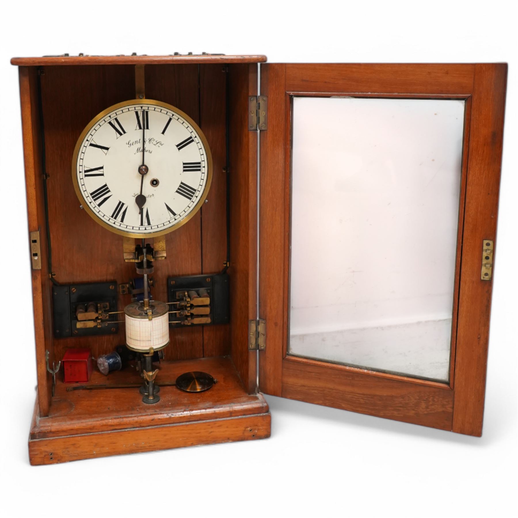 Gent & Co Leicester-early 19th century mahogany cased nightwatchman master clock c1905, with a fully glazed door, 9
