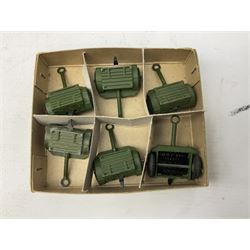 Dinky - trade shop stock box containing six Racing Cars No.23A; and two others containing three Motocarts No.27G and six Trailers for 25-Pounder Field Guns No.687 (3)
