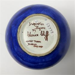 Clarice Cliff Bizarre for Newport Pottery Inspiration Tresco pattern vase, the body of shape 370 globe form painted in yellow, orange, pink, purple, green and blue with stylised island and sea related motifs such as scales and seaweed, with painted and impressed marks beneath, H15cm