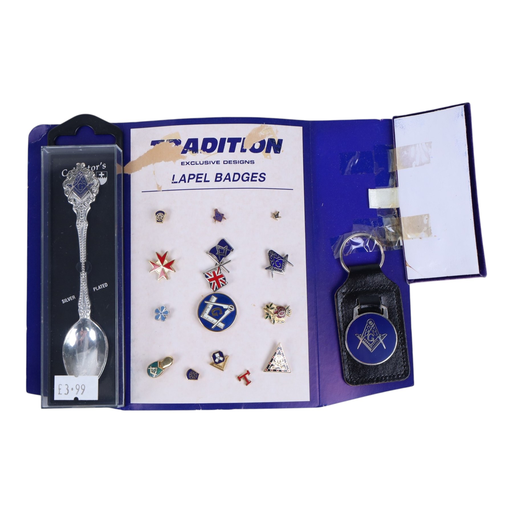 Large collection of Pin badges, including masonic examples together with teaspoons, keyrings etc   