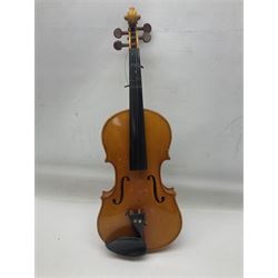 Four Chinese graduated violins - full size with 35.5cm two-piece back; three-quarter size with 33.5cm two-piece back; half size with 31cm two-piece back; and quarter size with 27.5cm two-piece back; all cased except full size; one with bow (4)