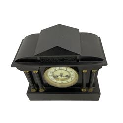 French - late 19th century 8-day mantle clock in a Belgium slate case, with an architectural pediment and classical relief from Greek mythology to the tympanum, with four recessed pillars and brass capitals to the front, two part enamel dial with Arabic numerals and steel trefoil hands, with a rack striking movement, striking the hours and half hours on a coiled gong.
With pendulum. 