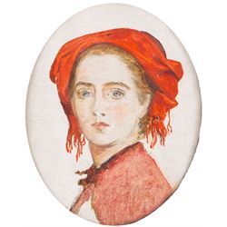 English School (19th Century): Portrait of a Girl with Red Head Covering, oval oil on boar...